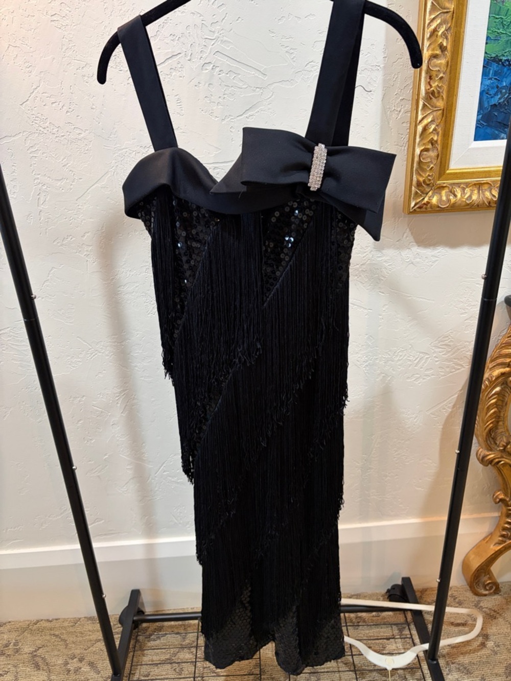 DOMINIC ROMPOLLO Designer Black Fringe Sequin Evening Dress with Bow
Was $750